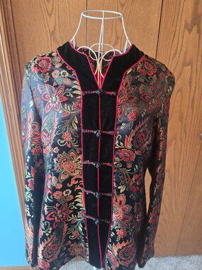 Chinese Satin Brocade Jacket Velvet Trim Knot Buttons Size Large (Chinese XXL)